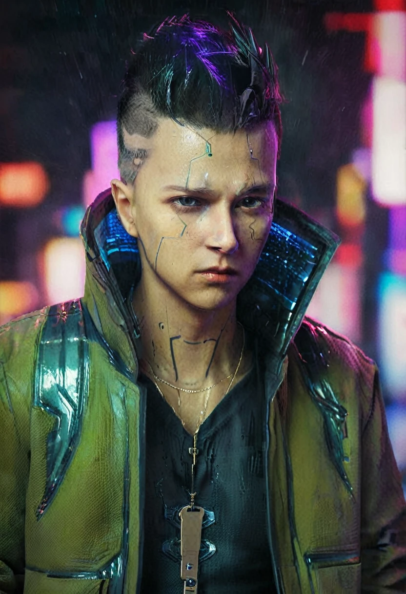 a cyberpunk gangster with short hair, the night in the rain 