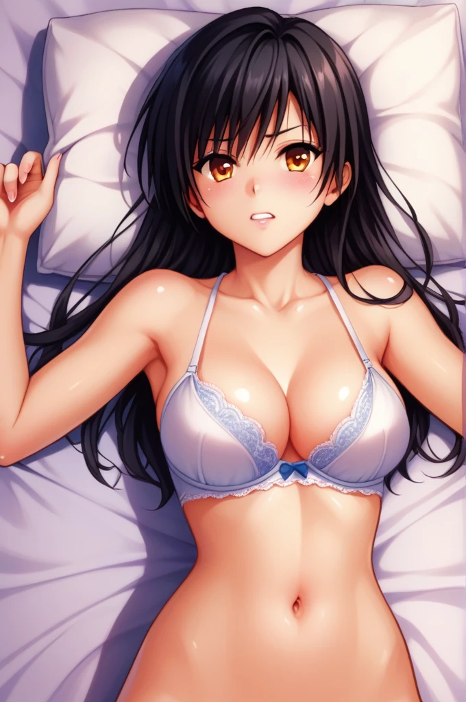 One Girl,kotegawa yui,Alone,Long Hair,(Black Hair),(View your viewers),Score_9,Score_8_Excellent,
 (Upper Body), (White bra),Big Breasts, (((Shot from above))), Face Focus, (Scared),(fear), bedroom, bed, bed sheet, pillow, on bed, 