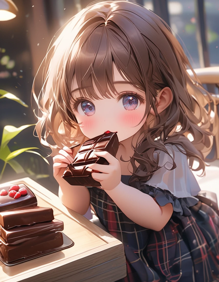 RAW Photos:1.2, masterpiece, Best Quality, 16k, beautiful girl、Very detailed, Perfect cuteness、(pretty girl、Very cute、Eating chocolate)、Realistic