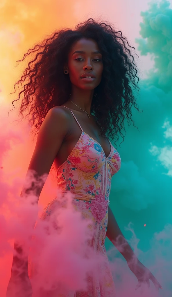 1girl, in laboratory, (18 years old), (Latina), dark skin, wide shot, long wavy hair, orgasm, (floral sun dress), (Masterpiece, Professional lighting, 16k, 8k wallpaper, raw photo, photorealistic:1.8, ultra detailed, natural lighting, detailed skin sexy pose, open mouth, big lips, view from above, night time, eyes closed, magic energy, neon light