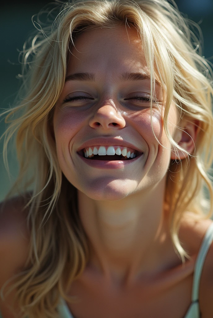 Blonde woman, mouth wide open, eyes closed, 18 years, torn white wet thin long dress