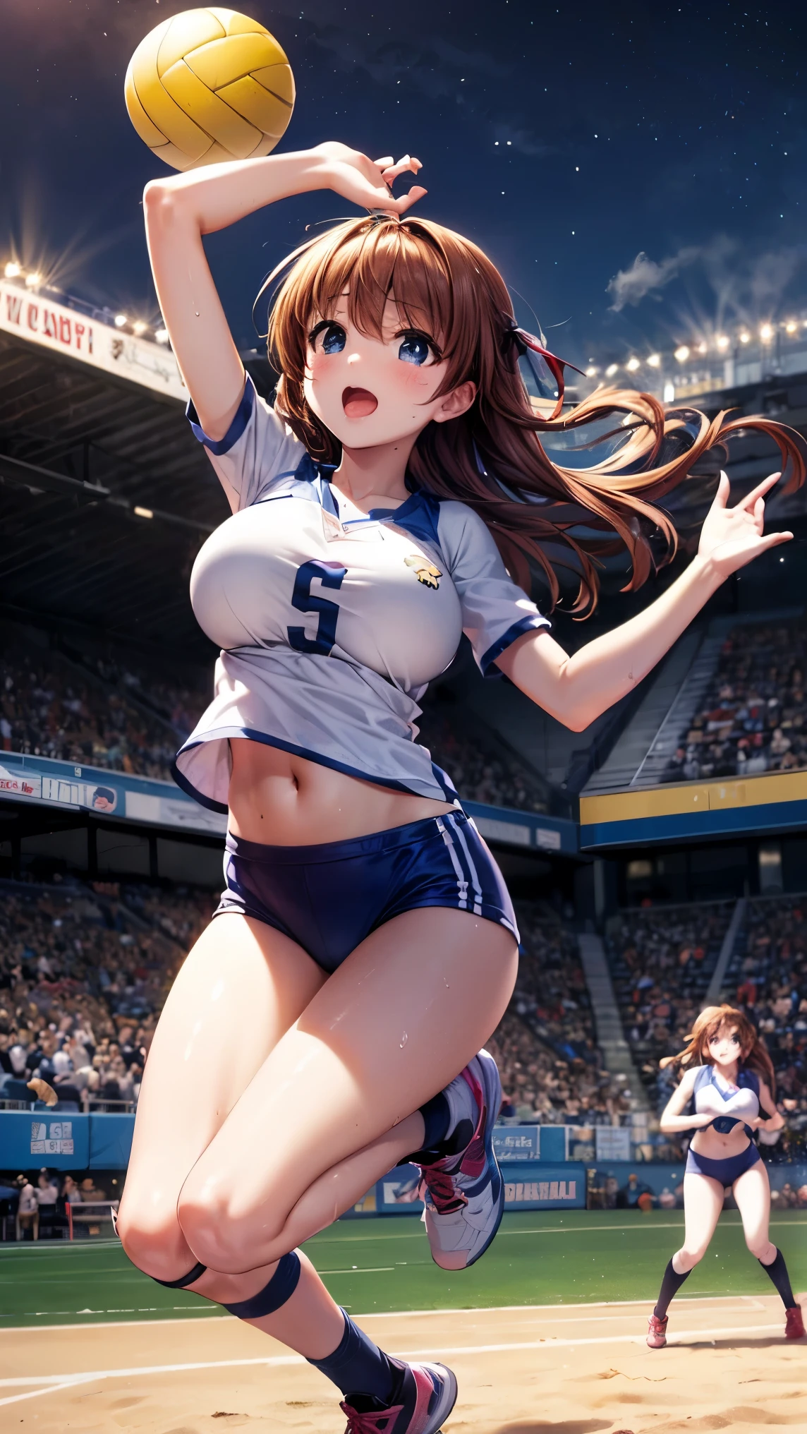 NSFW、((topless woman:1.5)), beautiful features、Japanese、brown hair、((ponytail、deep blue eyes:1.2))、shiny smooth hair, thick bangs、(bright smile:1.2), ((Image Processing Algorithms：1.2))、highly detailed eyes, highest quality, Ultra HD, HDR, Beautiful and vivid illustrations、high contrast、Tonal correction、Ultra-realistic oily and shiny skin, Super fine, High resolution CG Unity 8K wallpaper, Raw photo, precise fingers, anatomically correct、exposing belly、Attractive thighs、(track and field athlete、Colorful clothing、(put your hands behind your head、spread your legs wide and stretch:1.4))、full of sweat、Crowds at the stadium、