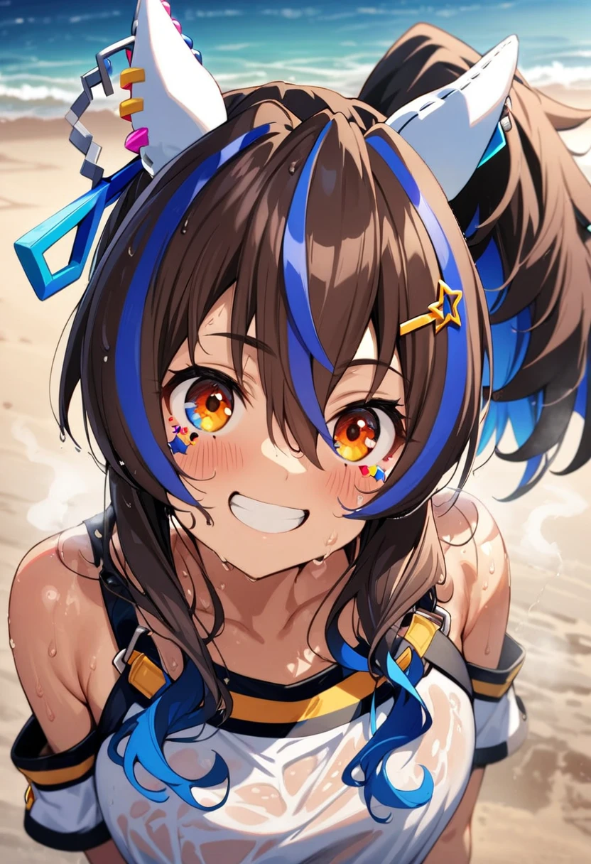 a close up of a girl in a wet suit on the beach, 1girl, (nagatoro hayase), navel, solo, tan, breasts, swimsuit, fang, spread legs, ((tanlines)), bikini, black hair, looking at viewer, long hair, brown eyes, blush, outdoors, cameltoe, blurry background, wet, smile, hair ornament, (see through white bikini), open mouth, hairclip, blurry, hand on own chest, (dark skin), barefoot, dark-skinned female,,,transparent raincoat, hood up, hood down,starrystarscloudcolorful,(unusual pupils), (glowing eyes), (magic eyes),NSF,(((NSFW))),