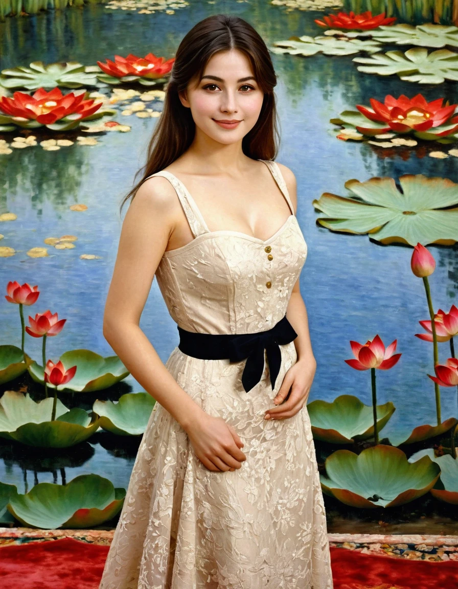 A painting in the style of the painter Auguste Renoir,  Impression Art ,  background lotus pond,  A Italian Actress, Cinema of Japanese Title "Railway worker"　　 Her name is Sylva Koscina, extra Close up , Standing pose, Carpet on carpet, Italian girl ,23-age,  (dark brown hair , brown eye, Permanent hair, little smile ),(C cup breast , wide hip) , Gorgeous red  evening long Dress, , long red lace Glove, Red Hi-heal, many Mass media, camera-man, ceremony of Cinema, 