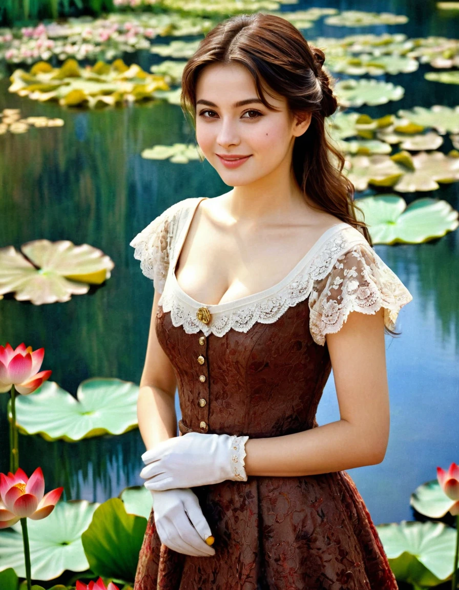 A painting in the style of the painter Auguste Renoir,  Impression Art ,  background lotus pond,  A Italian Actress, Cinema of Japanese Title "Railway worker"　　 Her name is Sylva Koscina, extra Close up , Standing pose, Carpet on carpet, Italian girl ,23-age,  (dark brown hair , brown eye, Permanent hair, little smile ),(C cup breast , wide hip) , Gorgeous red  evening long Dress, , long red lace Glove, Red Hi-heal, many Mass media, camera-man, ceremony of Cinema, 