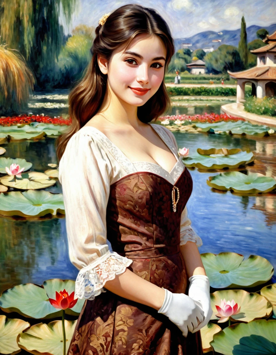 A painting in the style of the painter Auguste Renoir,  Impression Art ,  background lotus pond,  A Italian Actress, Cinema of Japanese Title "Railway worker"　　 Her name is Sylva Koscina, extra Close up , Standing pose, Carpet on carpet, Italian girl ,23-age,  (dark brown hair , brown eye, Permanent hair, little smile ),(C cup breast , wide hip) , Gorgeous red  evening long Dress, , long red lace Glove, Red Hi-heal, many Mass media, camera-man, ceremony of Cinema, 