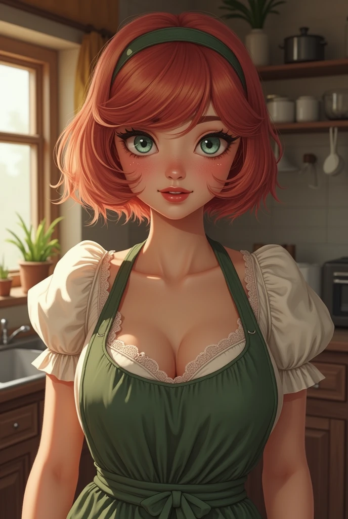 1girl, natural lighting, masterpiece, highly detailed, illustration, game CG, absurdres, high quality, beautiful detailed eyes, glossy lips, natural lighting, medium breasts, redhead, curly hair, ponytail, bangs, green eyes, freckles, lace bra, hands on hips, lips parted