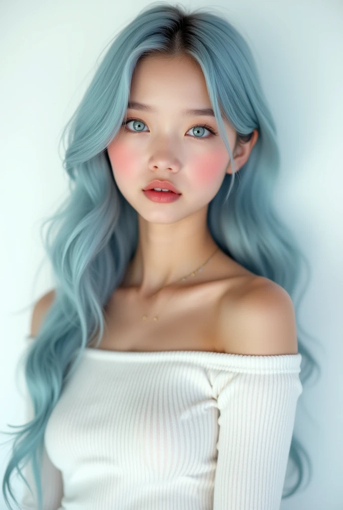 1 6 year old girl,,kiddy big breasts,Back to camera,look back,happy grin,Cute skin color,blue eyes,blue hair,curls、semi long hair,flat chest,small breasts,Cute pink lips,Wear an off-the-shoulder white shirt,Realistic illustration of her face,Finger realistic,Fascinating sketches,Smooth and shiny,Hazy,super blanket style,School background--ar 1:1--Niji 5--Stylistic expression--S 50,No makeup,Super cute without makeup