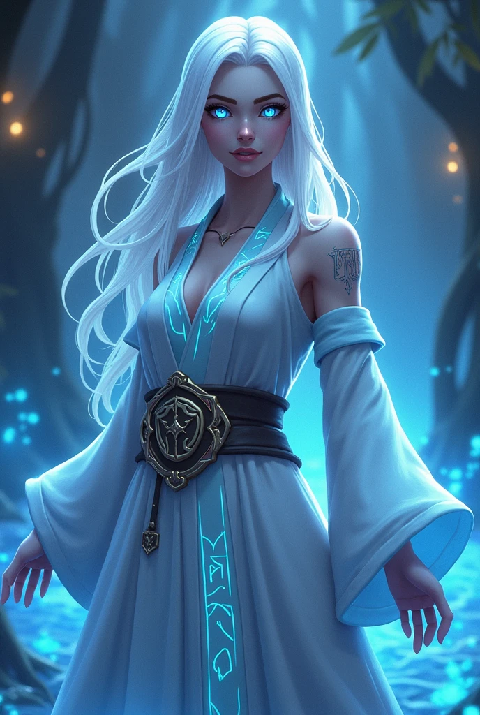 Imagine a woman with very dark black skin, appearing full body, with short light blonde hair tied up, with a black tribal tattoo on his face, similar to Mel Medarda from Arcane, with silver colored arcane robes with black and blue details, with a malignant expression, doing a magic casting pose, in a medieval fantasy setting with the full moon in the background, in steampunk style anime drawing