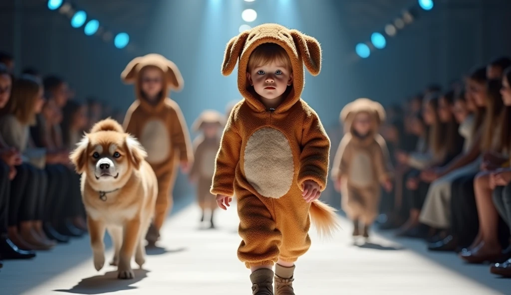 A baby in a white cow costume jumpsuit with a white cow, smiling at the camera, walking on a fashion runway, surrounded by people watching, an adult polar bear beside, bright lighting, cute atmosphere.