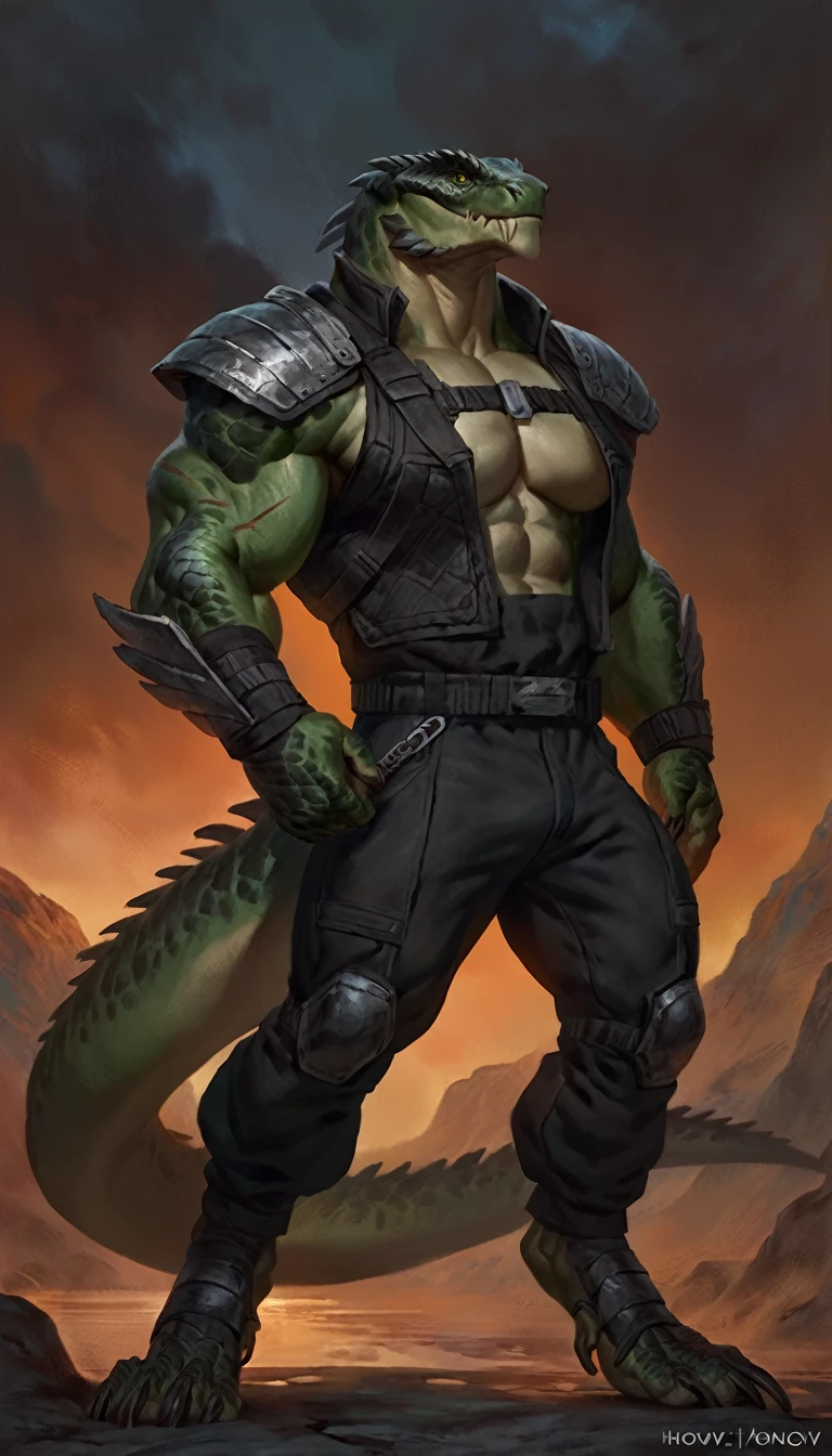 Muscular monster lizardfolk, solo, pants, mercenary, dark green body, body made of steel, strong, transparent vest, metallic scales, black belly, scars on body, 1male solo, anthro, muscular, wide back, small waist, thick tail, thick scales on the shoulders, marked jaw, pecs, big pecs, pants, full body, comicbook style, night time,  best quality, 4k, ultra-detailed, by laobai, by taran fiddler, by honovy, by null-ghost, by thebigslick