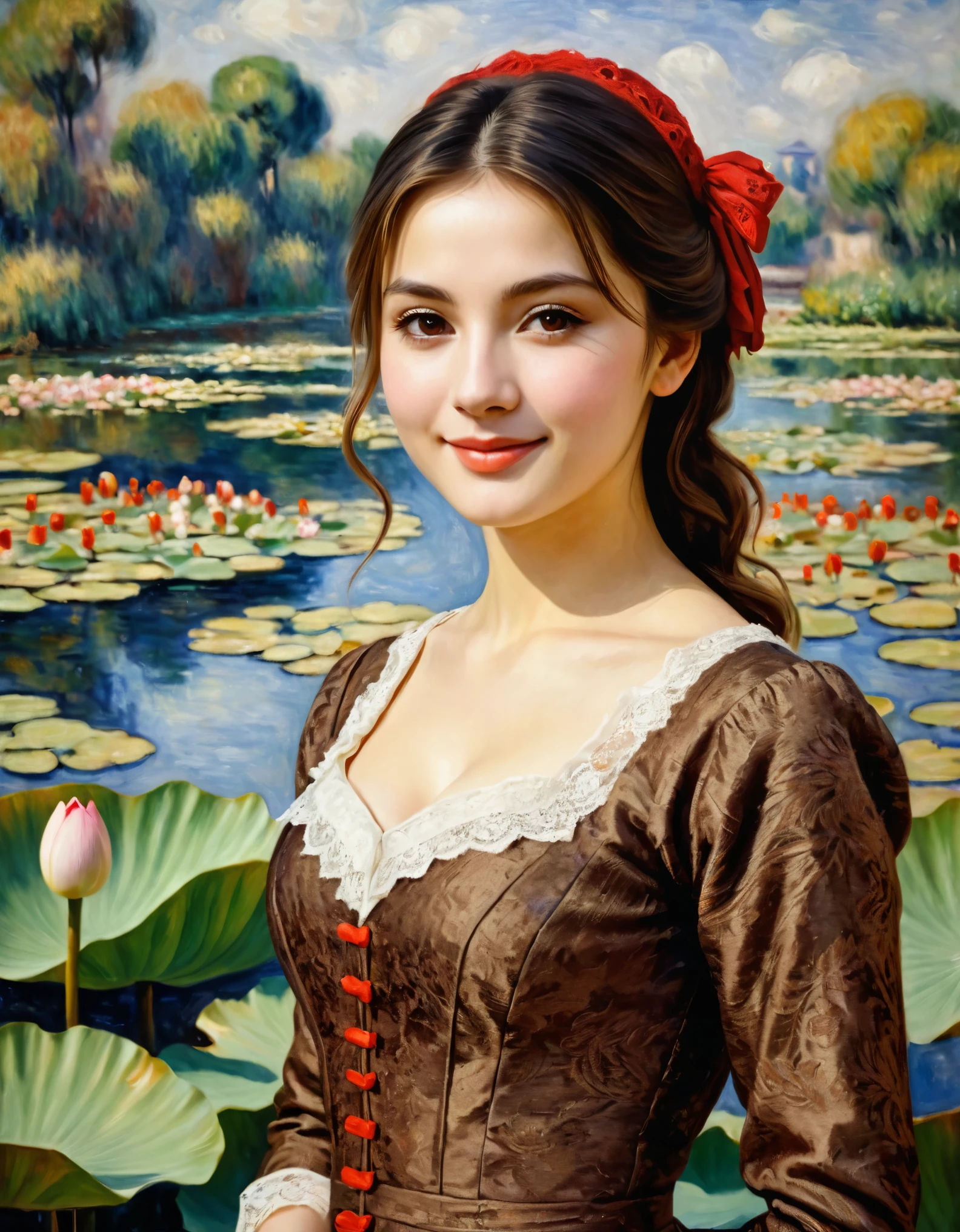 A painting in the style of the painter Auguste Renoir,  Impression Art ,  background lotus pond,  A Italian Actress, Cinema of Japanese Title "Railway worker"　　 Her name is Sylva Koscina, extra Close up , Standing pose, Carpet on carpet, Italian girl ,23-age,  (dark brown hair , brown eye, Permanent hair, little smile ),(C cup breast , wide hip) , Gorgeous red  evening long Dress, , long red lace Glove, Red Hi-heal, many Mass media, camera-man, ceremony of Cinema, 