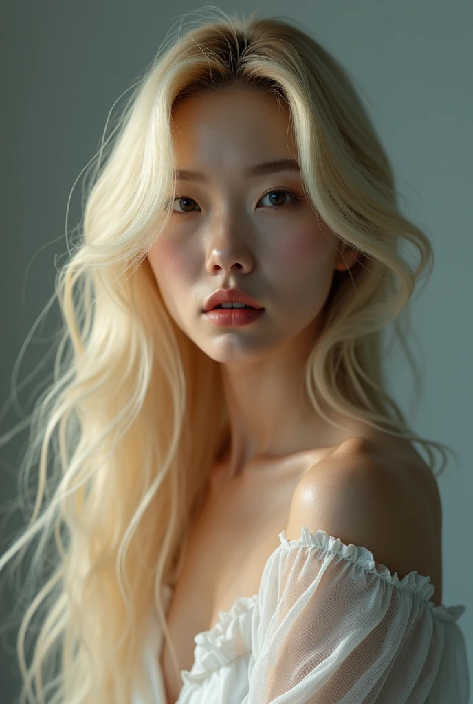A YOUNG ASIAN WOMAN WITH LONG BLONDE HAIR IN A SELFIE, bountiful breasts.