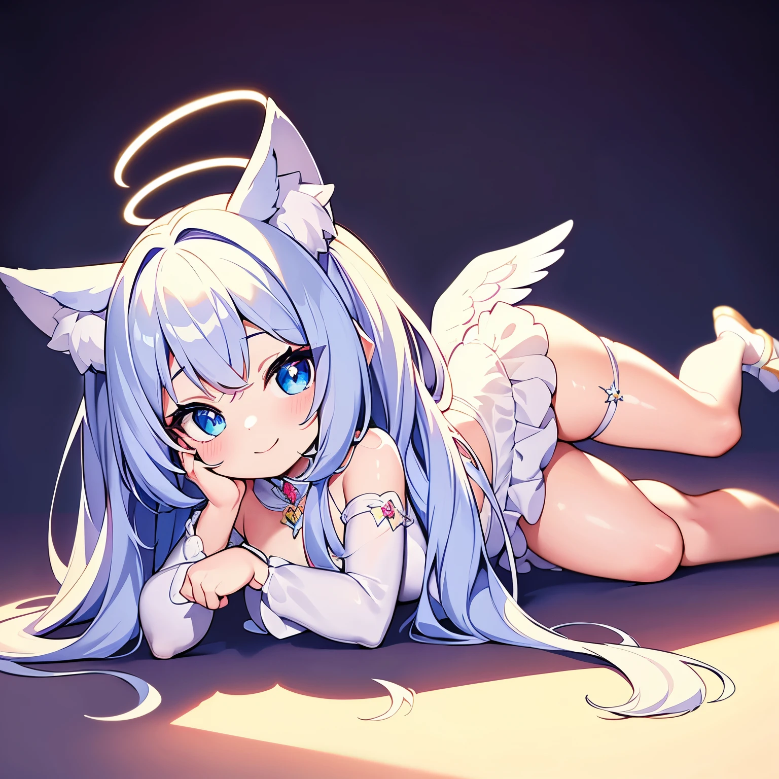 masterpiece, highest quality, highest resolution, clear_image, detailed details, White hair, long hair, cat ears, 1 girl, red eyes, white pantyhose, sci-fi military clothing, white scarf (white scarf around the neckwith a light blue glow), gray futuristic halo (gray halo over the head), white wings (4 wings), cute, fulld body, no water marks, outer space