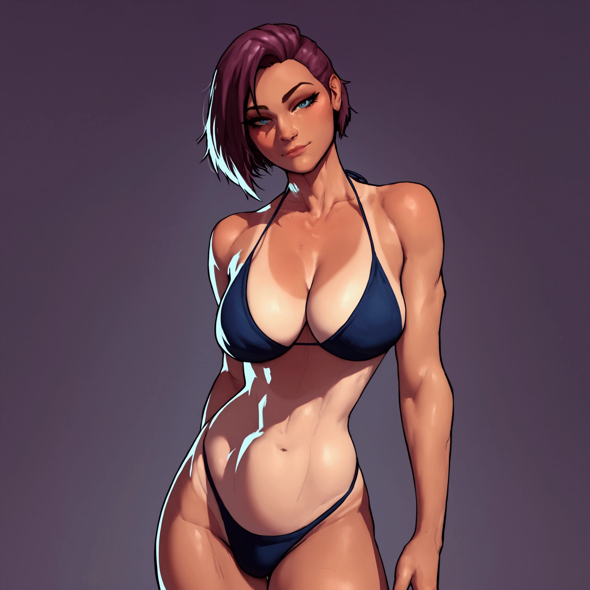 score_9, score_8_up, score_7_up, score_6_up, score_5_up, score_4_up,1girl, bikini, bob cut, tomboy, cheerful, standing, tan lines, looking at viewer, cleavage, big breasts, dark background, realistic anatomy, high resolution, high quality, super detailed, sharp focus, perfect lighting, perfect colors, perfect perspective, balanced composition,
