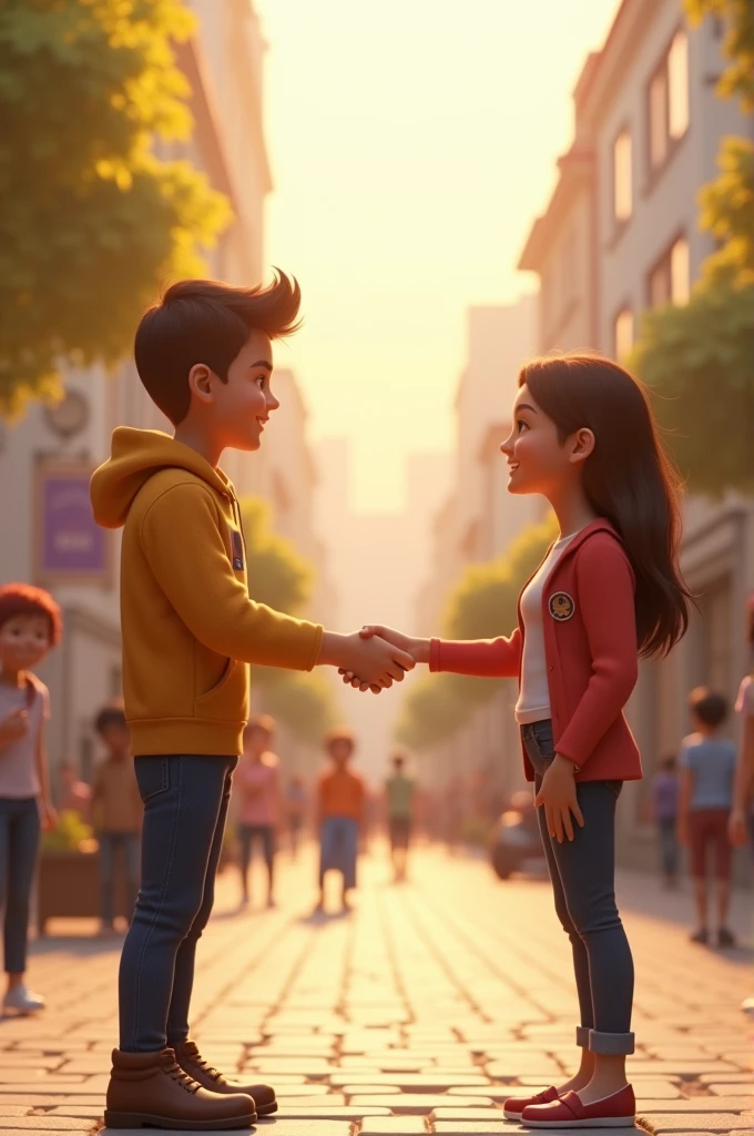 Claudia, a brown-haired woman with her hair up, and Ricardo, a black-haired man, are holding hands, with an expression of respect and mutual understanding. Sofia black-haired woman smiles in the background, showing satisfaction for the fair resolution. The scene is calmer, with the stadium background clear. The light is soft to convey a sense of positive resolution and learning.. put realistic characters all this is set in the Olympics