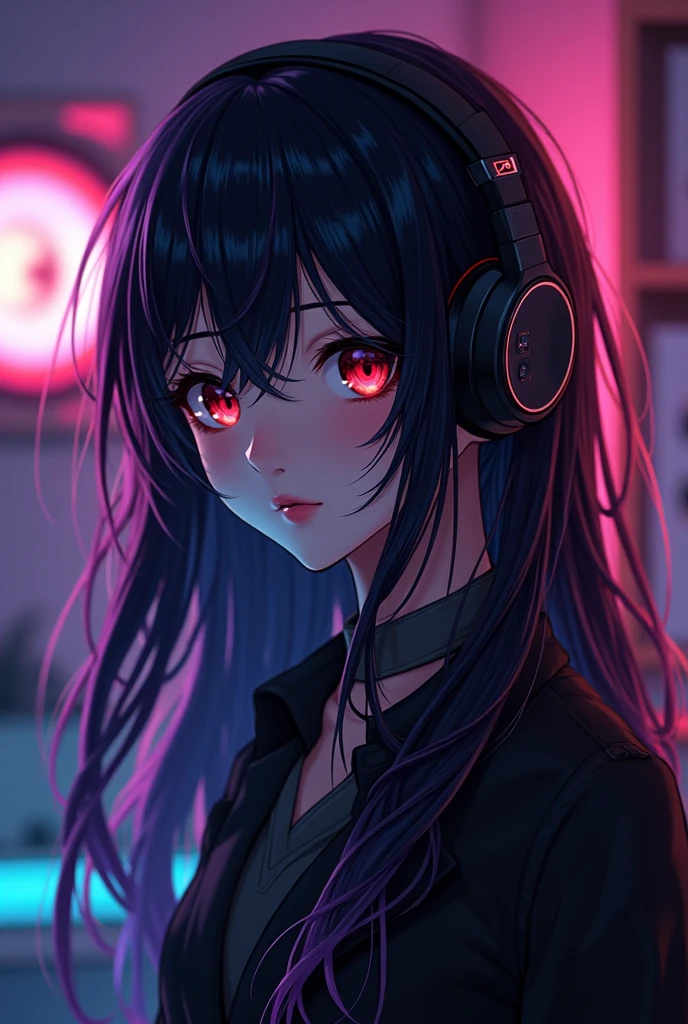 Animated woman with purple pink hair, slightly flashing red eyes with headphones watching the landscape, more and more devilishly devilish