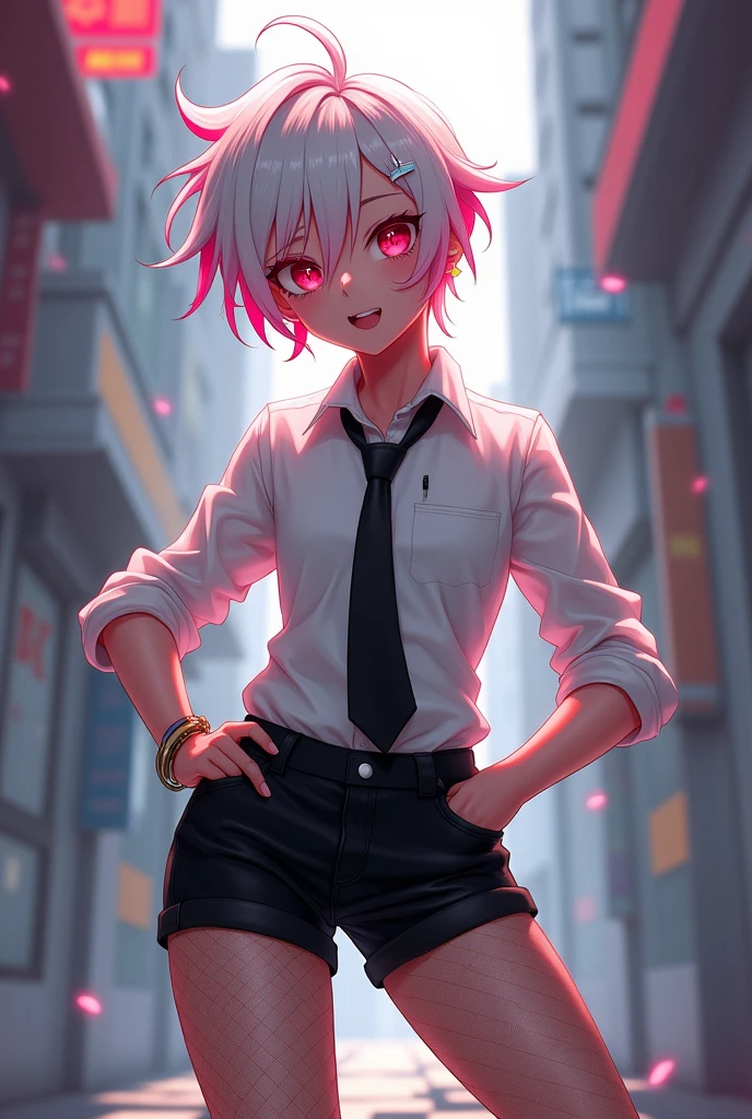 uploaded on e621, mouse girl, A highly detailed portrait of a solo 1girl standing on a street corner, during a rainstorm with lightning strikes and a cloudy sky, neon and cyberpunk background, she is wearing punk clothes with silver chains and silver spikes, she has a butterfly wing hairclip in her wild hair, she has headphones and a necktie on, petite, detailed glowing red eyes with distinct pupils, ominous aura Halo, smile, punk, cyberpunk, backlighting, chromatic aberration, depth of field, soft lighting, masterpiece, best quality, intricate, tone mapped, highly detailed, artstation, concept art, smooth, sharp focus, dramatic lighting, highly detailed artwork, cinematic, hyper realistic painting, trending on Artstation, 8K, incredible shadows, realistic, (highly detailed background:1.0)