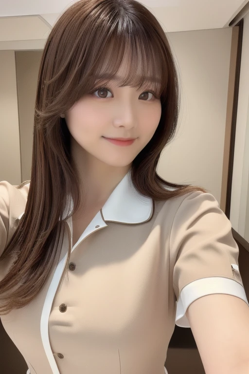 (selfie) Brown hair hairstyle bangs Japanese beautiful woman realistic (masterpiece 8k top quality) softlight ((wear the brown medical dress)) 