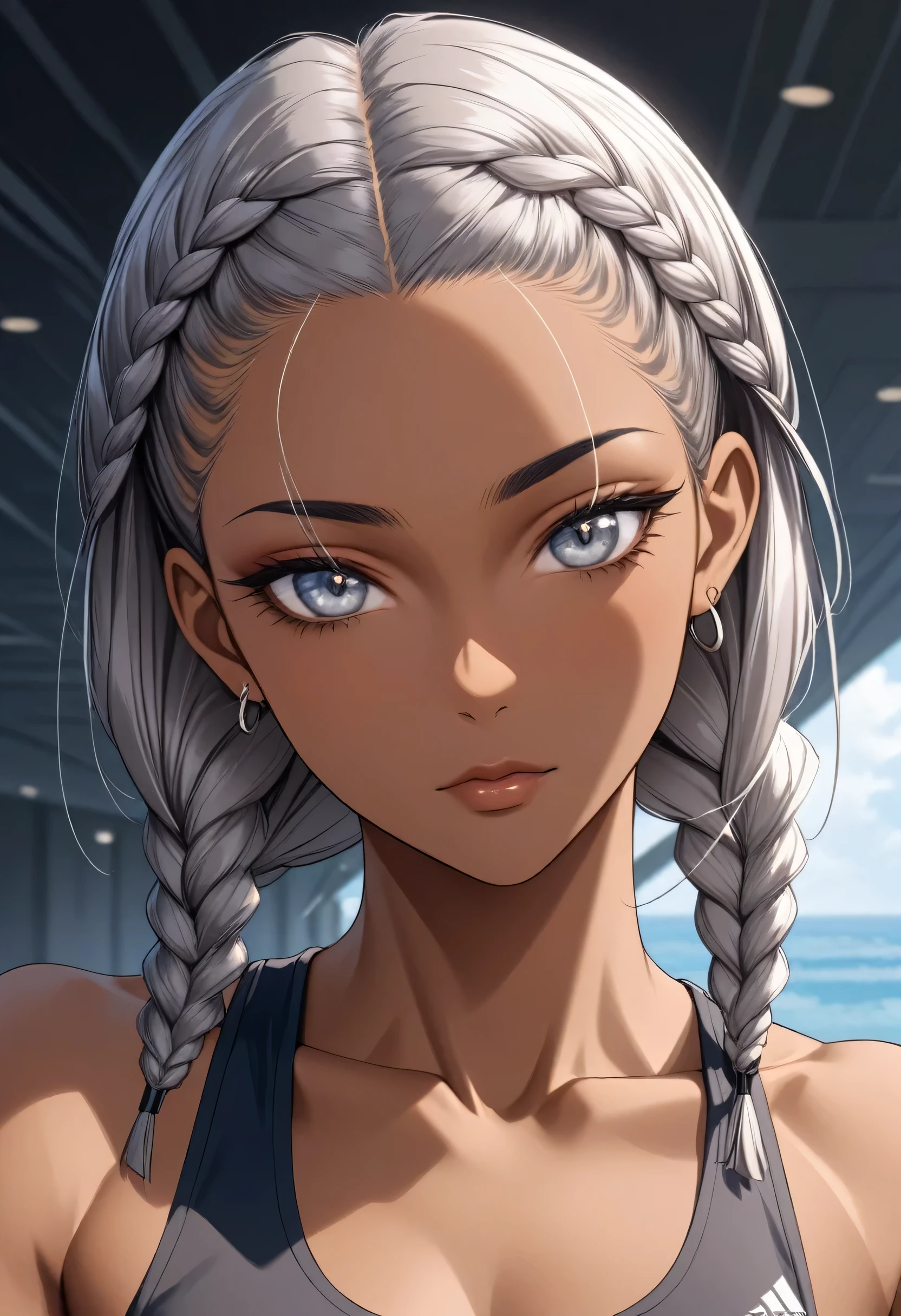 A woman with dark skin is the main subject of this artwork. She has a toned body with visible abs. Her hair is styled in cornrows with an asymmetrical design, and she also has grey hair. She is depicted in a solo pose, wearing a tank top and gym shorts. Her face is highly detailed, showcasing exquisite features such as beautiful eyes, nose, and lips. The artwork is of the highest quality, with a resolution of 4K or even 16K. It is created in an official art style, maintaining a professional and polished look. The woman has a serious expression on her face, and she is looking directly at the viewer, establishing a strong connection.