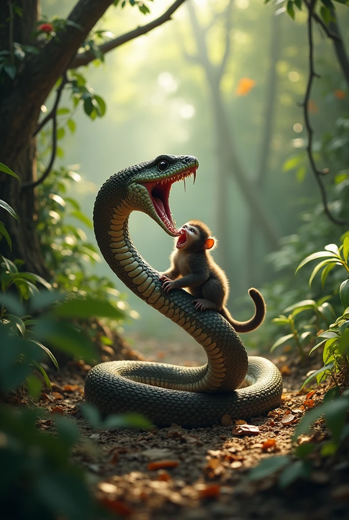 We want such an image in which a python snake has a baby's body in its mouth and that baby is screaming loudly for help. crying highlighted sunlight