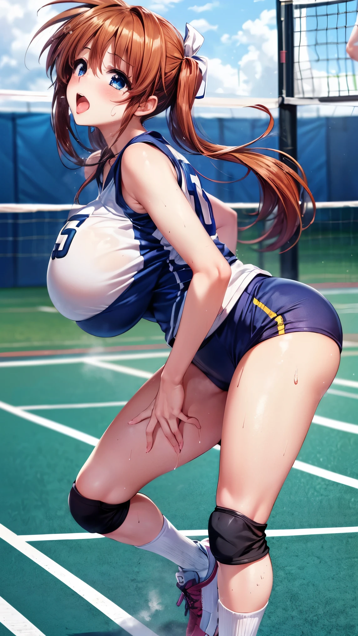 best quality,1girl,((big breasts:1.5)),((orgasm,blush,sweat,steam)),tongue out,ahegao, nanoha takamachi, takamachi nanoha, long hair, ((straight hair:1.5)), blue eyes, ((volleyball uniform, track shoes:1.3)),((volley ball field)),from behind,leaning forward