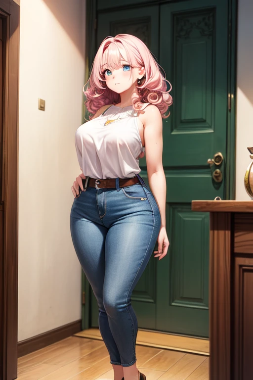 Makima,Perfect facial features,full body shot shot,Extra-large big breasts,big breasts thin waist,Wide fat buttocks,Exceptionally long legs, White color blouse, longer sleeves, Classic collar, Skinny blue jeans, Black leather jacket, Brown leather boots, Single collar