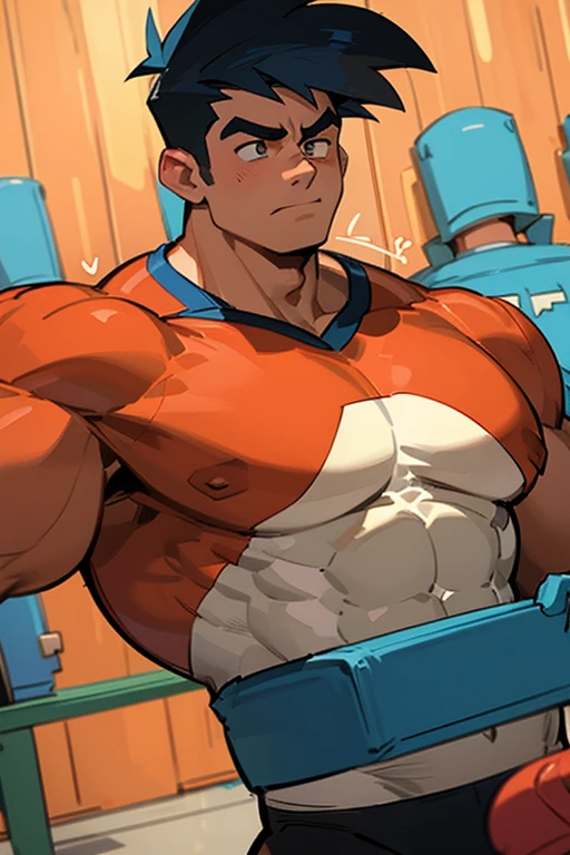 Danny Fenton in a locker room as a big dumb football jock bro staring in blank stupefied expression under hypnosis as he flexes his muscles and becomes just like dash baxter. Hyper crotch bulge. Hyper muscles. Big biceps. Big triceps. Big traps. Broad shoulders. Big hyper meaty pecs. Big deltoids. Big lats. Big glutes. Dumber. IQ drain. hypnosis. Hypno. Hypnotized. Brainwash. Brainwashed. Brainwashing. Conditioning. Meathead. Musclehead. Brute. Brutification. Jockstrap. "I ... I feel ... funny.... Huhuh.... Like, uh .... Big ... dumb ... football jock.... Beat up the nerds.... Make more bros.... Be ... like ... Dash.... Broooo.... Bigger and bigger ... dumber and dumber.... Rule the school... Big, dumb, and cruel.... Hate nerds.... Beat up the nerds.... Make more jocks... All will be jocks.... Big, dumb football jocks, just like me...." Dash Baxter smirks and watches Danny give in to the change.