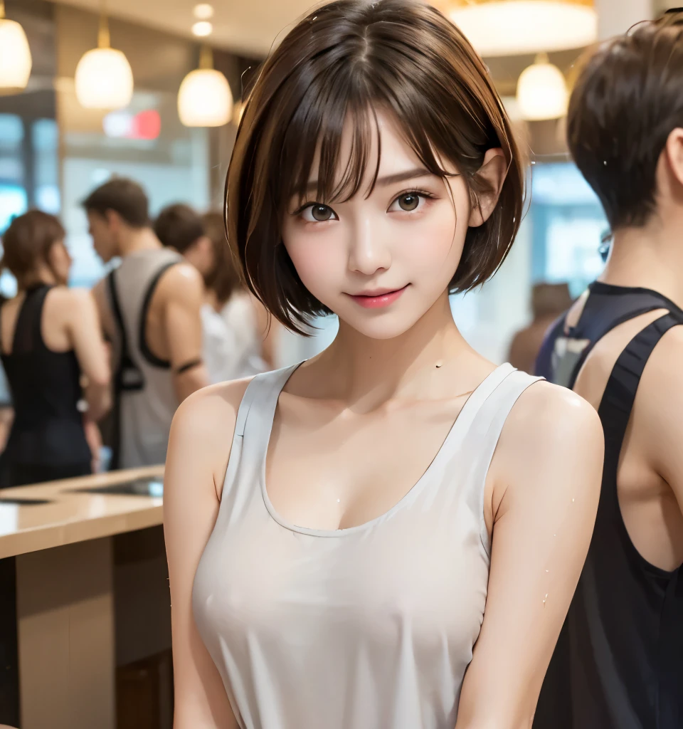 Best Quality、8k、masterpiece、Ultra-high resolution、Clear photo、Realistic、detailed、Professional Lighting、detailed、detailed、(Very cute girl、beautiful girl、Cute Yoda Yuki)、baby face、Small Face、smile、(Very short hair:1.6)、Brown Hair、Beautiful Hair、Ultra slim、Delicate body、Beautiful Eyes、(Small breasts、Flat Chest)、Large erect nipples:1.4、Narrow waist、((濡れた白いTank topsを着ています:1.8、(Tank tops:1.8)、タイトなTank tops)、(Soaking wet)、Wearing white panties)、(Full body photo)、((Pachinko parlors)、stand、(There are a lot of men behind me..:1.4))