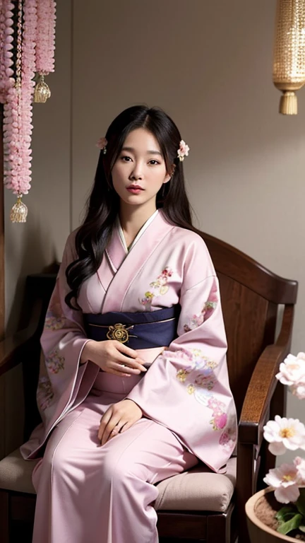 masterpiece, Highest quality,大きい胸、pink kimono、Cinematic atmosphere、Professional composition、Natural Body、fantasy,sitting in front of a golden screen、flower arrangement、tatami、looking at the camera、real