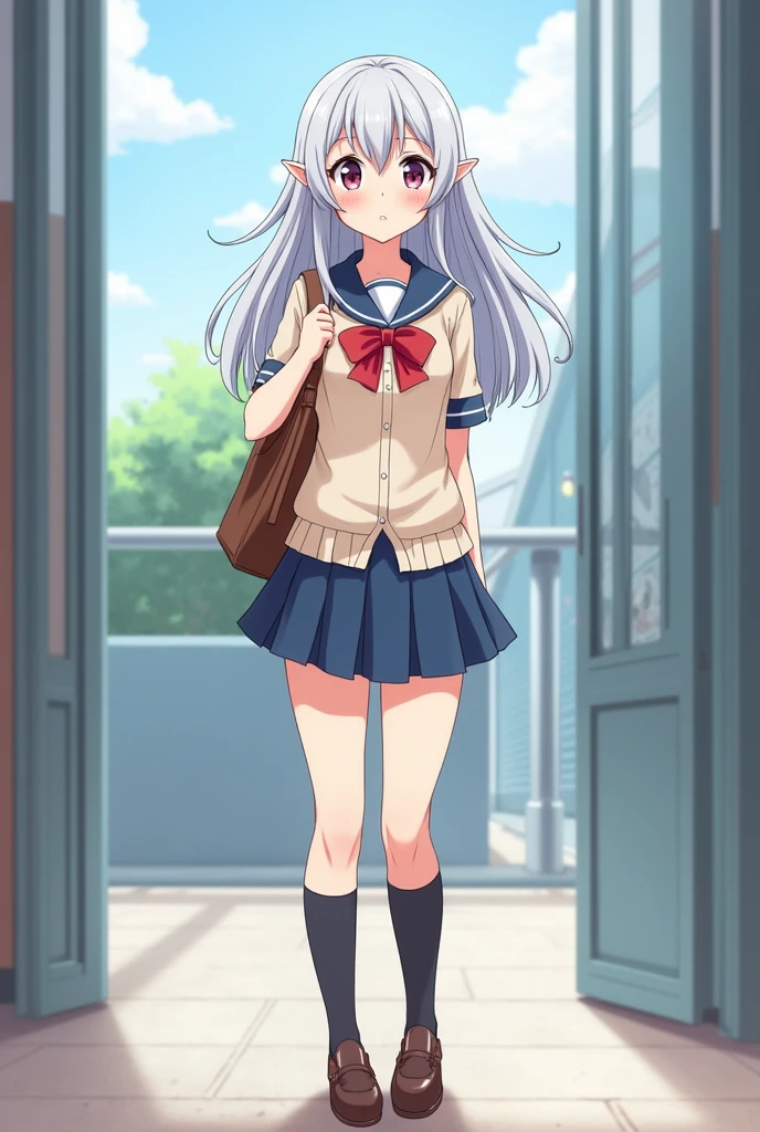 full body,baisixuegao,wolf ears, school uniform, blushed,embarressed