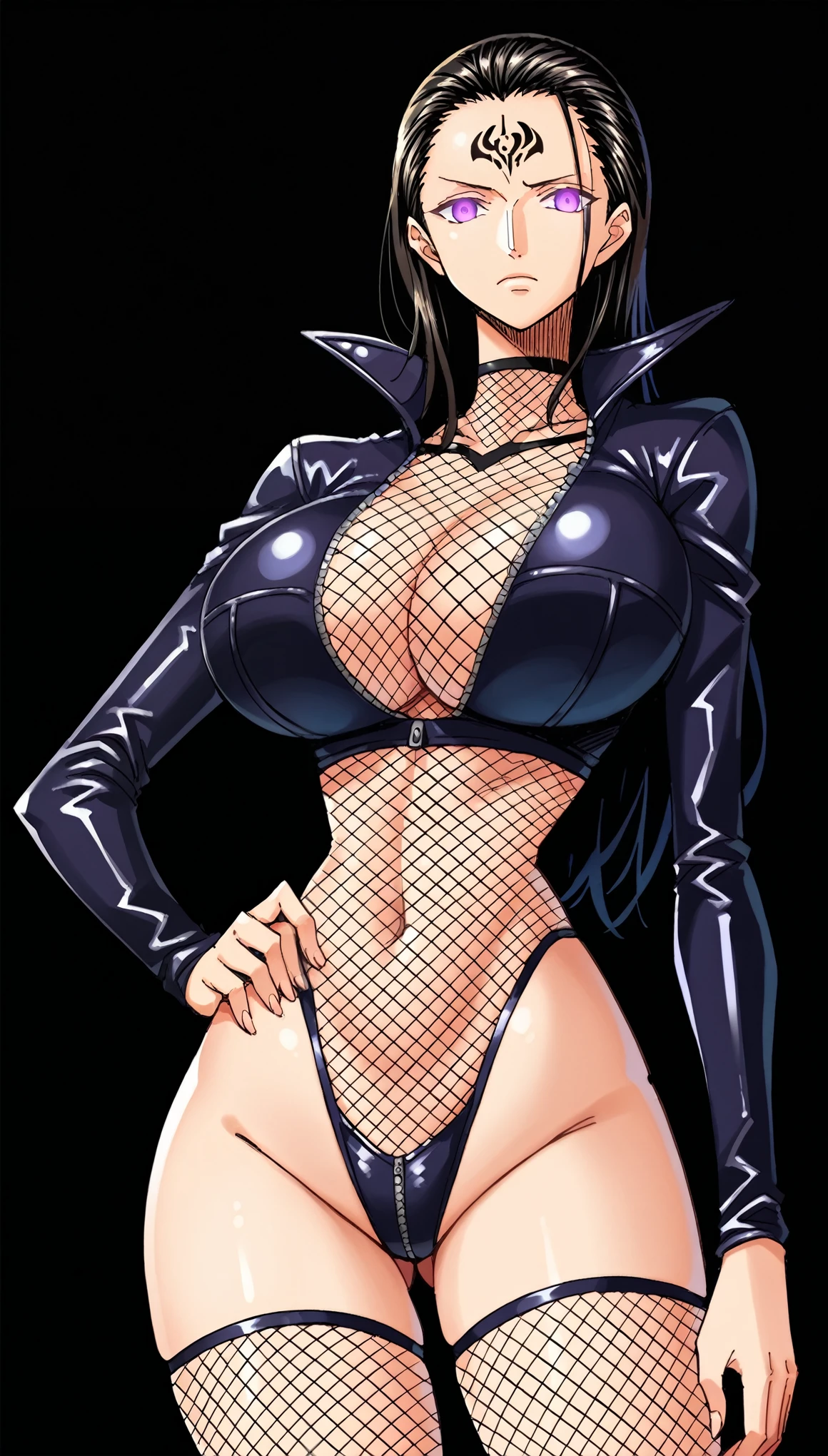 score_9, score_8_up, score_7_up, score_6_up, score_5_up, score_4_up, BREAK source_anime,n1k0r0b1nps,1girl,solo,long hair,black hair,hair slicked back", purple eyes,(glowing eyes), Huge breasts, (evil depravity, evil mask),stand up,  empty eyes,Expressionless, (Black latex high leg suit), Fishnet stockings, fishnet tops, black background, simple background,Forehead tattoo, glowing tattoo