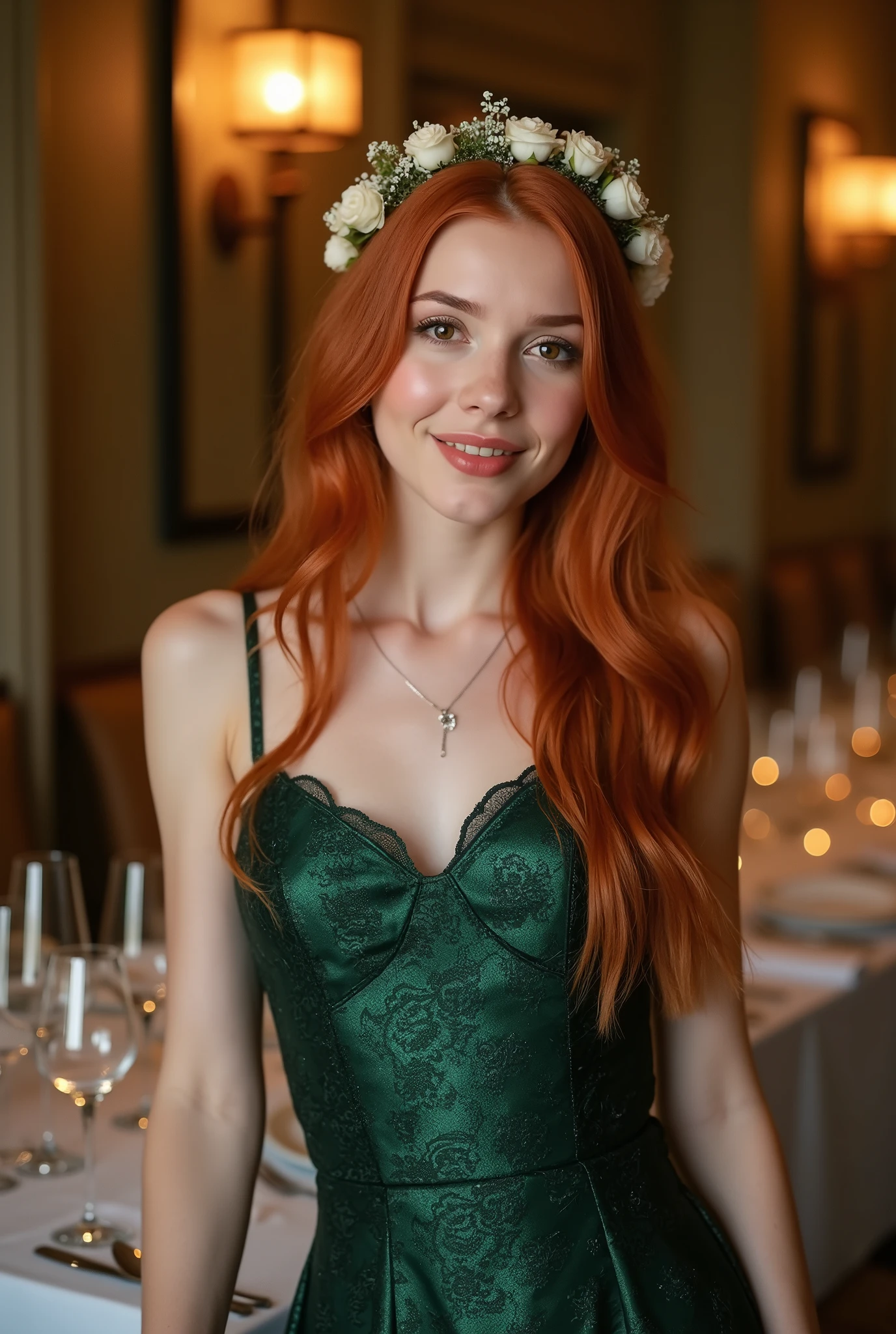 Caucasian woman around 30 years old, very feminine and attractive, sexy smile, large breast, ankle bracelet, diamond necklace and ear rings, pale skin with red wavy hair, surreal bright green iris, green iris, full body image, 2 legs, wearing a red and black frilly corset and a choker, candlelight in a 1600's luxury bedroom, ultra sharp focus, realistic shot