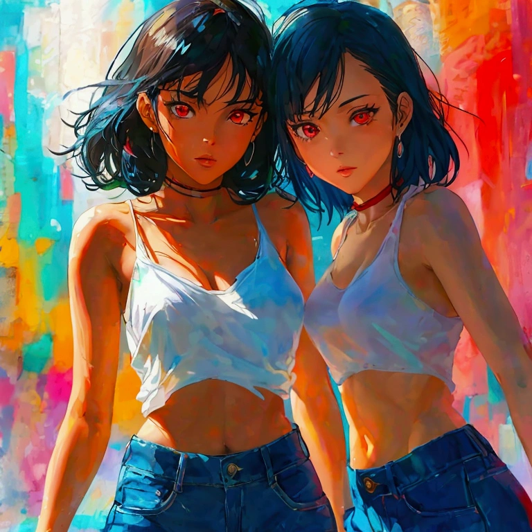 2 boy, short, 16 years old, very skinny, weak build, bright, pretty face, street style, street style, looking at the viewer, black hair, coma hair, brown eyes, dark brown long hair, upper body, (shirtless), shorts, very detailed eyes, graphic design, masterpiece, shirtless, skinny, punctual orange color, kiss each other