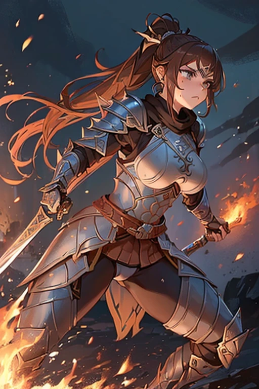 (((Cool female warrior)))、(((Wearing old iron bikini armor)))、((Fighting with swords))、 Best Quality, masterpiece, Ultra-high resolution、Brown Hair、Above the ponytail、middle ages、((Exposed Skasy)、Struggling in battle、Tired、、((Sweaty))、whole body