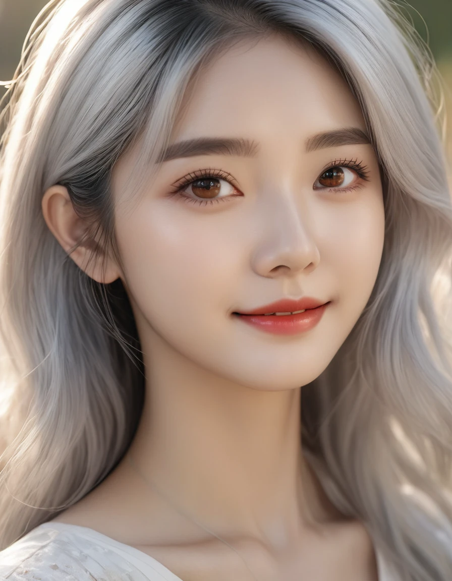 (((1girl))), ((((solo)))), ((long wave hairstyle)), standing taking a picture, (((white hair)), white hair color, brown eyes, soft blouse, face lighting, bright backlight, high resolution, best quality, Photos, 4k, (Realistic:1.2),1girl, smile, beautiful girl, (best quality,4k,8k,highres,masterpiece:1.2), ultra-detailed, studio lighting, ultra-fine painting, sharp focus, physically-based rendering, extreme detail description, professional, vivid colors, fantasy, More Reasonable Details, ulzzang, ImgFixerPre0.3