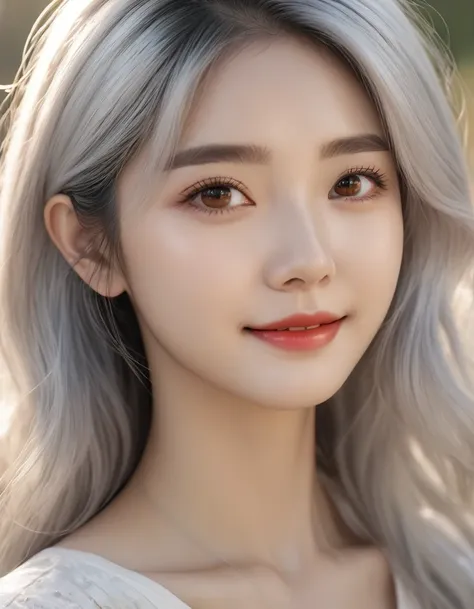 (((1girl))), ((((solo)))), ((long wave hairstyle)), standing taking a picture, (((white hair)), white hair color, brown eyes, so...