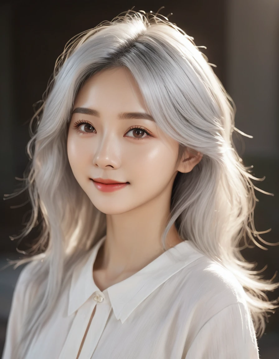 (((1girl))), ((((solo)))), ((long wave hairstyle)), standing taking a picture, (((white hair)), white hair color, brown eyes, soft blouse, face lighting, bright backlight, high resolution, best quality, Photos, 4k, (Realistic:1.2),1girl, smile, beautiful girl, (best quality,4k,8k,highres,masterpiece:1.2), ultra-detailed, studio lighting, ultra-fine painting, sharp focus, physically-based rendering, extreme detail description, professional, vivid colors, fantasy, More Reasonable Details, ulzzang, ImgFixerPre0.3