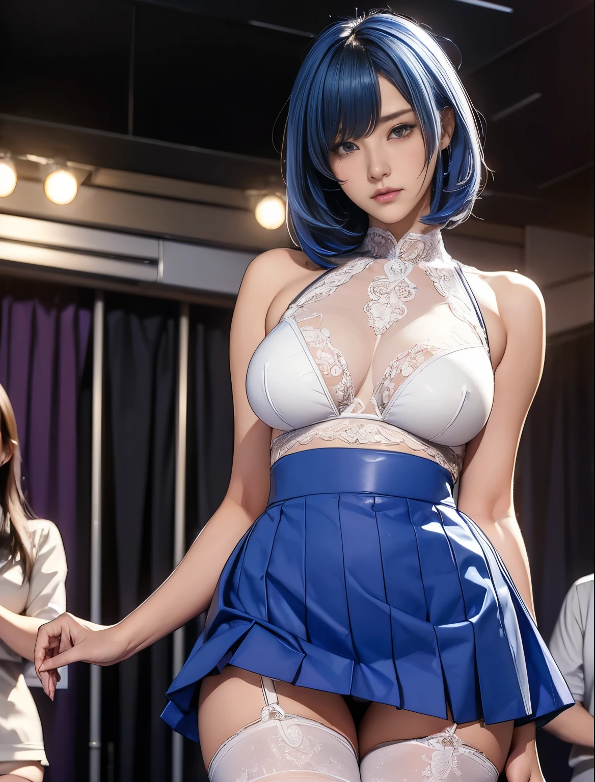 (((A short top that shows off your sexy bust:1.65)))、(((Sexy knee-highs:1.35)))、(((Short size sexy panties:1.35)))、((((Spread your legs wide、Touching the thigh、There is a lot of pubic hair showing off the crotch、large pointy breasts))))、Browsing Caution、(Humans are biologically correct、references) 、 lose extra limbsslim limbsextra numbersmutated hands and finger fusionfingersslim bad handslong necklong body anatomybad deformationbad deformation no extra breasts、Not Futanari、Not Moriman、One Girl, Glowing Skin, 最high quality, (Game CG:1.4), Browsing Caution, Beautiful face and eyes in every detail,big 、Tiny Lingerie, strict, big ample breasts、((最high quality)), (Very detailed), (Very detailed CG 統合 8k 壁紙), Very detailed, High resolutionのRAWカラー写真, Professional photography,From below, (((White lace panties)))、I can see your face、(((Sorry look))),(((Embarrassed face)))、(((Are crying)))、(((Anguished expression)))、Glare, anger、(((Her white panties are visible)))、((white underwear pattern))、Dancing、((((She is embarrassed that the audience saw her underwear.))))、 (((She forgot to put on her underwear so it was completely visible.)))、Dancing, (((The audience is delighted to see her panties))), (((A crowd of spectators point their cameras at her panties))), ((Nipples are visible))、Full Shot、(((Her skirt is flipped up))),(to be born, 最high quality, masterpiece:1.5), (Realistic, Intricate details:1.2), 超High resolution, (high quality, High resolution, Finer details), alone, Curvy Women, blush, Sweat, Oily skin, Shallow depth of field,(masterpiece、最high quality、High resolution、unity 8k wallpaper、Very detailedCG:1)、(Consciousness upward:1.0)、One Girl、最high quality、8Kmasterpiece、((software)), ((Multiple Girls)), (18-year-old female, Beautiful detailed woman, Female police officer),( Blue Hair),(short hair),White and thin uniform,(Black leather micro mini skirt), ((With a shy look:1.5)), Huge breasts, Hard nipples, Narrow waist, Thick thighs, Ultra mini skirt, ((Black Pantyhose)), (((I'Lifting my skirt to show my pantyhose))), ((Spread your legs)), (Please open your legs),, Looking down,((Skirt Lift)),(((Boldly flip up the skirt)))