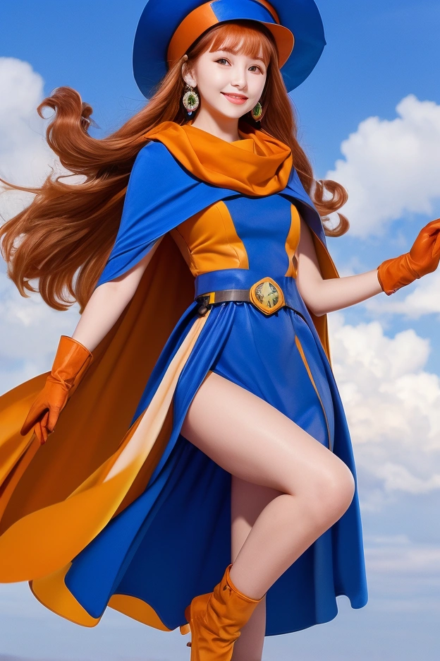 masterpiece, best quality,(sweet face of -yeld gir.2), smile,
Alena, red eyes, orange long hair , earrings, , yellow dress, short sleeves, gloves, blue hat, blue cape,
in wild, beautiful sky,