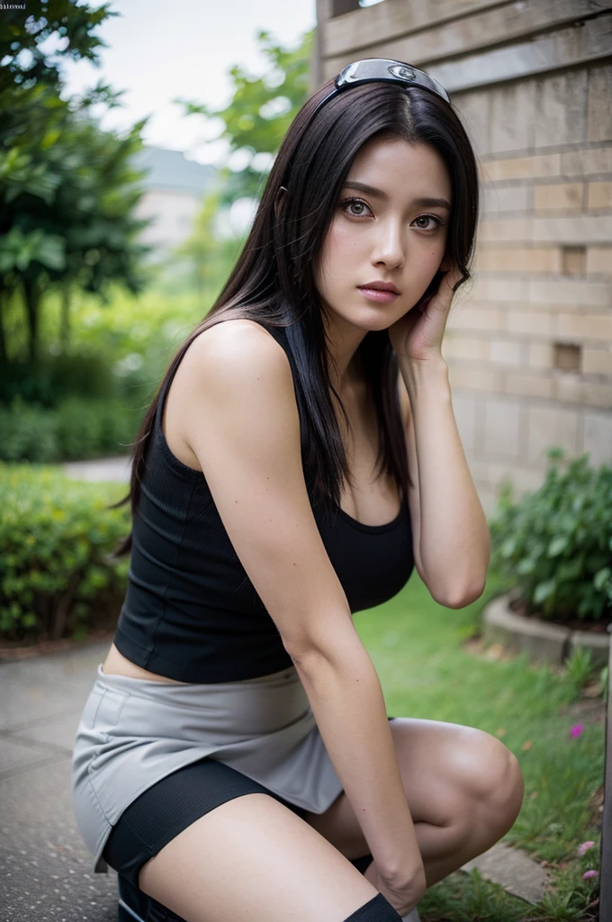 Beautiful woman with curvy figure, wet body, very detailed face and skin texture, Runner athlete, detailed eyes, LEGGINGS HOSEN, Dutt-Haar, braids, Little messy hair, large chest, bubble butt, sitting alone on the bench, high resolution, photorealestic