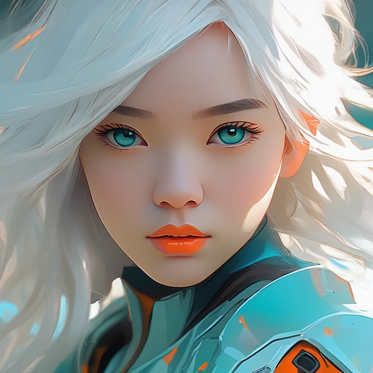 an image of a girl with white hair, in the style of ross tran, light teal and dark orange, guido van helten, close-up shots, comic art, realistic marine paintings, animated gifs --ar 71:128 --stylize 750 --v 6
