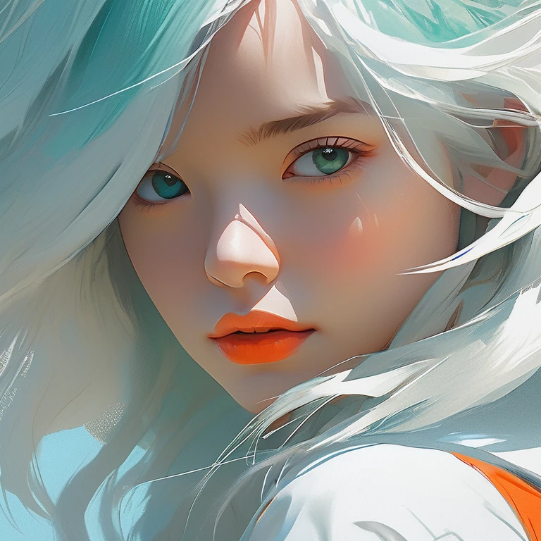 an image of a girl with white hair, in the style of ross tran, light teal and dark orange, guido van helten, close-up shots, comic art, realistic marine paintings, animated gifs --ar 71:128 --stylize 750 --v 6
