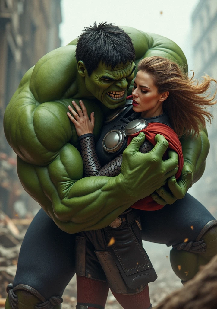Avenger movie hulk, girl green dress, very closeup, A pair of Hulk and a girl,Hulk standing behind the girl, a beautiful romantic scene, high detail, extremely realistic