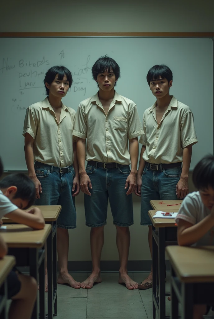 teenage japanese boy,12 years old boy, skinhead short hair,shirtless , white skin body,skinny fat body, with many friends, class room , full body shot, white fundoshi 