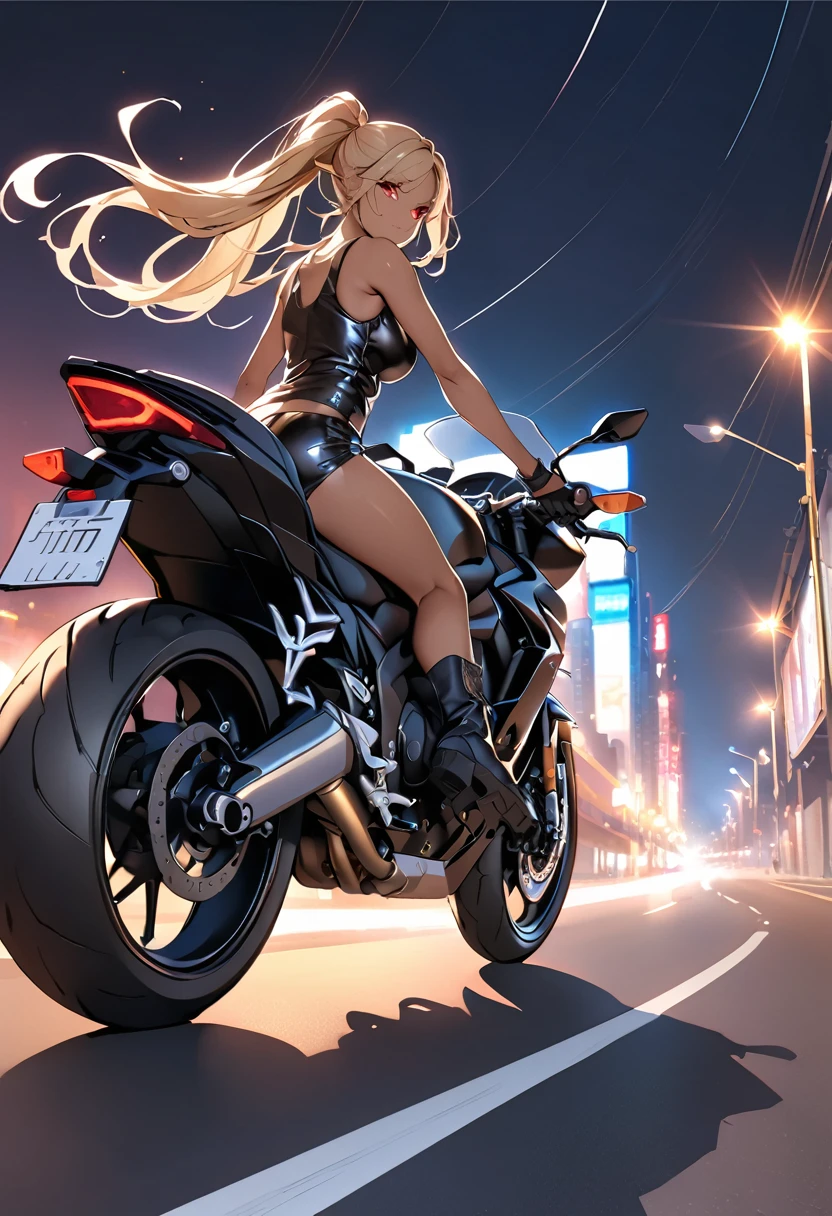 (Best Quality、Beautiful, detailed images、Official Images)、(Late night highway)、(Golden long hair、Red eyes、Ponytail Hair、Model Body Type、Large Breasts、Pointed Ears、Brown skin、Dark Skin)、(black leather long coat、Tank top shirt、Black leather trousers、Black Rider Gloves、Black rider boots)、(Large Motorcycle、On-road bike、Handle guard)、(Get on a bike)