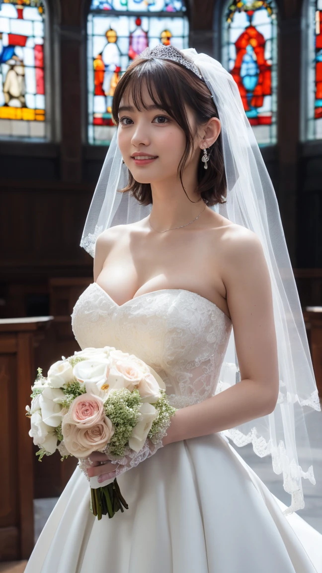 (Highest quality,masterpiece:1.3,Ultra-high resolution),(Very detailed,8K),(Realistic:1.4,RAW shooting)。Blurred Background、The best smile。A cute, petite 20-year-old woman、Full body pose。Short hairstyle、Plump figure。She is completely naked。Nipples are visible。Wedding Veil。Wedding Gloves。(((Holding a bouquet in both hands)))。Big Necklace。belly button。Cute Panties。White fishnet stockings。High heels。Stand in the Church。