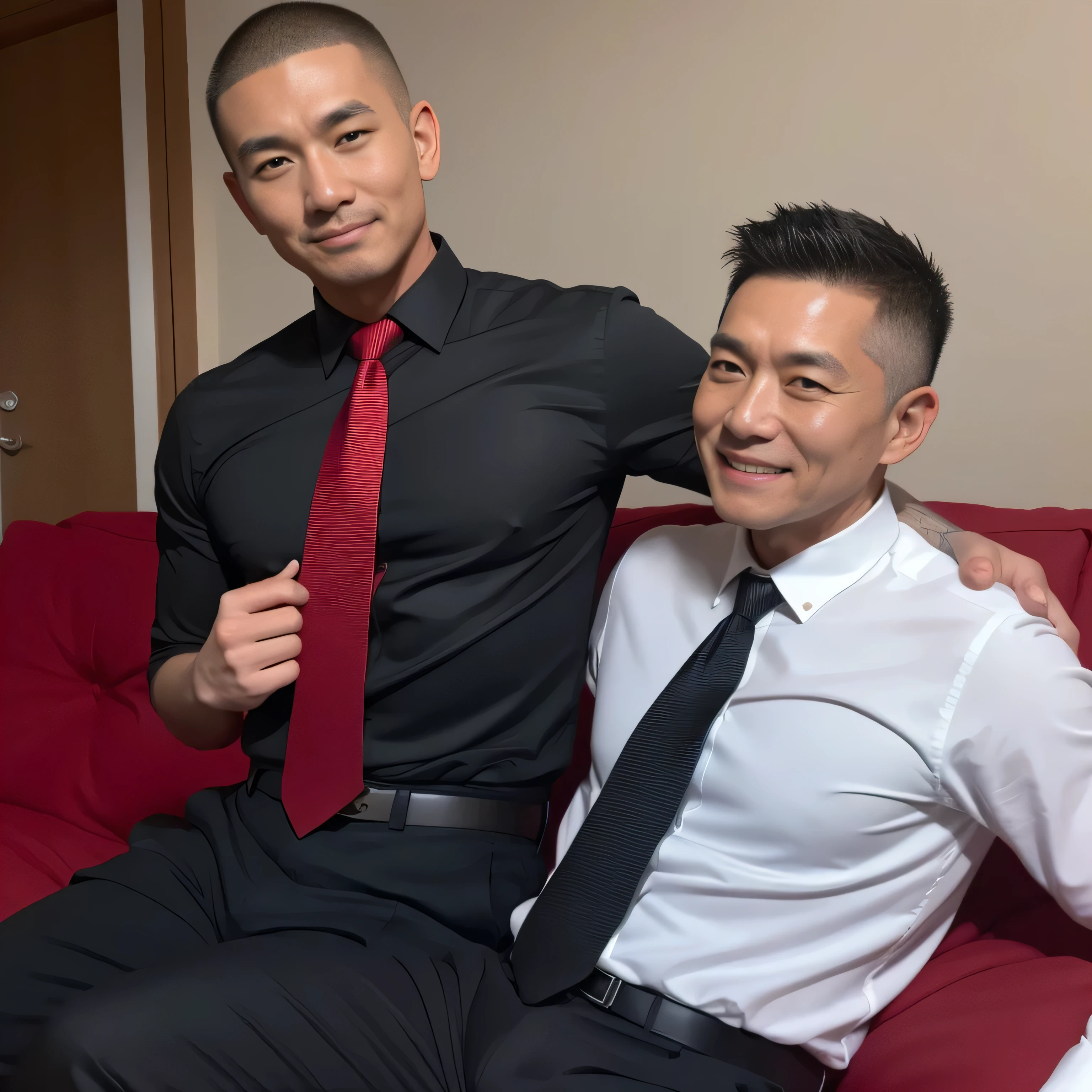 1 handsome Japanese guy,27years old,Corporate executives,Dress shirts and ties, Business attire, Professional Dress, Prepare for the meeting, Handsome and elegant, Wearing a black and gray suit, Sexy masculine, in blouse wearing, Masculine and handsome,musculouuscles look good,hairy bodies,with fair skin,黑The eye(thin eyes 1:3),Full body photo , lewd smile , swollen nipples , puffy nipples , sexy , nsfw , eroticism , colleagues , side by side , string thong , undressing , (bare thighs)