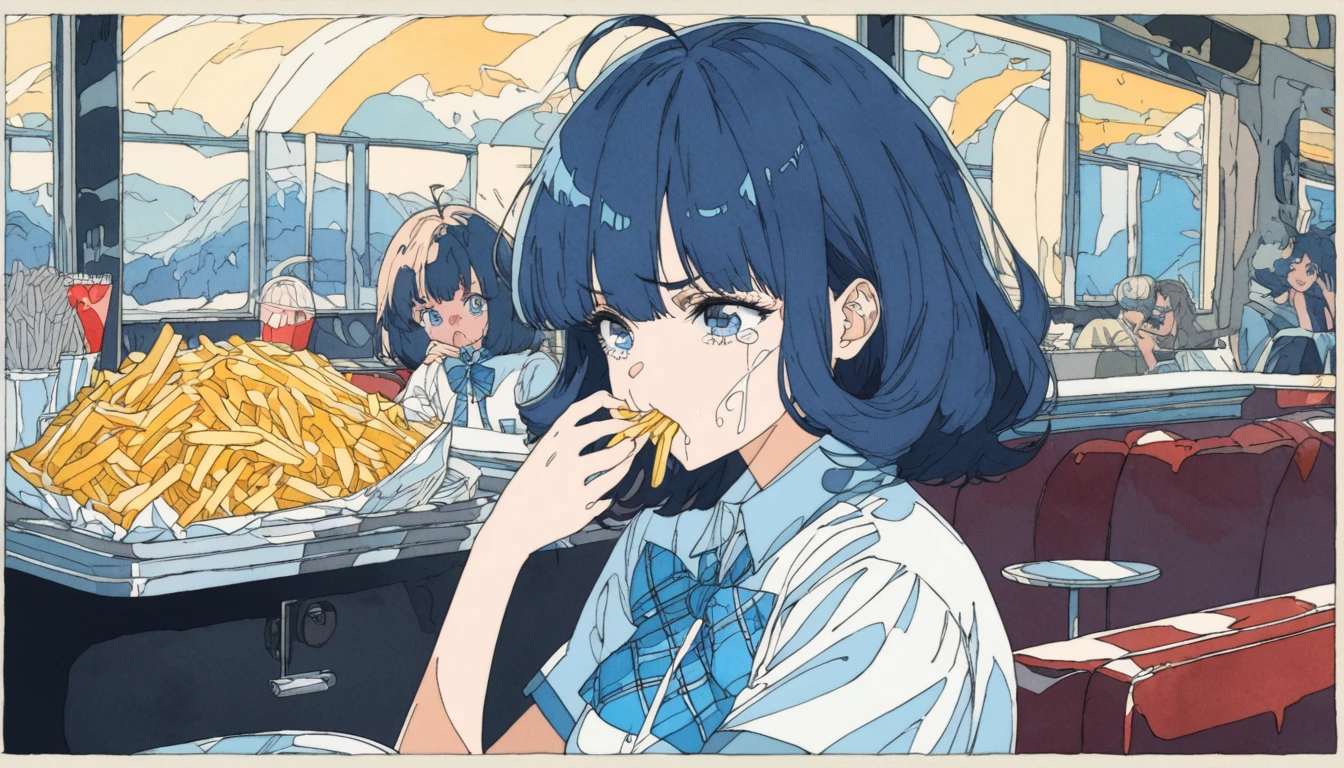 (((beautiful detailed)))(cute face:1.2)1girl, A girl stuffing her face with french fries, Girl crying while eating a pile of french fries, Inside a 1950s-style diner, 1950s-style interior, Navy blue hair, blue eyes, A short-sleeved white shirt with four vertical bow ties, Ahoge, long bob cut with fluffy hair(sharp lines:1.2)(clear line:1.2)(eye details:1.3)(thick border:1.4) animation cel style,ligne claire, limited palette((masterpiece, high quality, best quality))(low contrast: 0.5),Anna yanami, blue hair, blue eyes, school uniform, makeine, too many losing heroines,Watercolor style, watercolor pencil, paper texture,90s style,Anna yanami, blue hair, blue eyes, school uniform, makeine, too many losing heroines, 