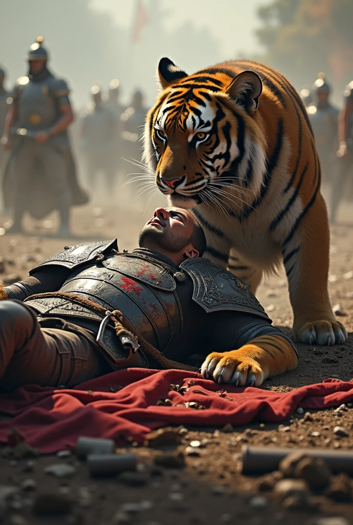 The king saw the tiger and lay down pretending to die. His fingers were cut. The tiger bit his fingers